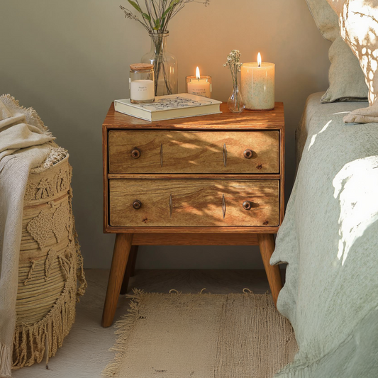 Classic wooden bedside table with two drawers and tapered legs, styled in a warm bedroom setting