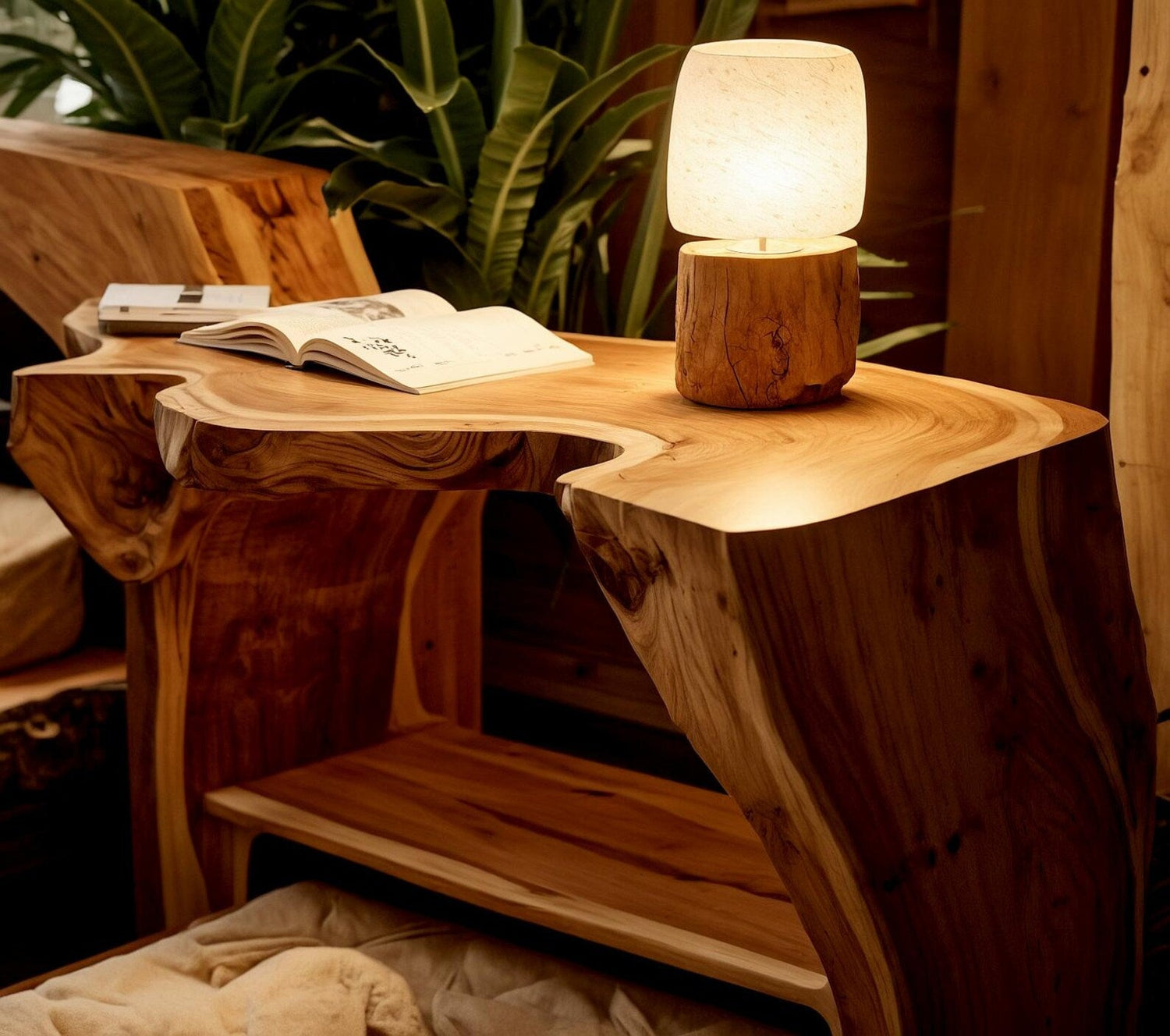 Rustic wooden elevated dog bed combined with end‑table/nightstand design, featuring cozy cushion, storage drawer, and sturdy wood finish-1