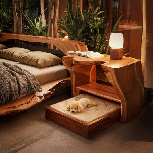 Rustic wooden elevated dog bed combined with end‑table/nightstand design, featuring cozy cushion, storage drawer, and sturdy wood finish