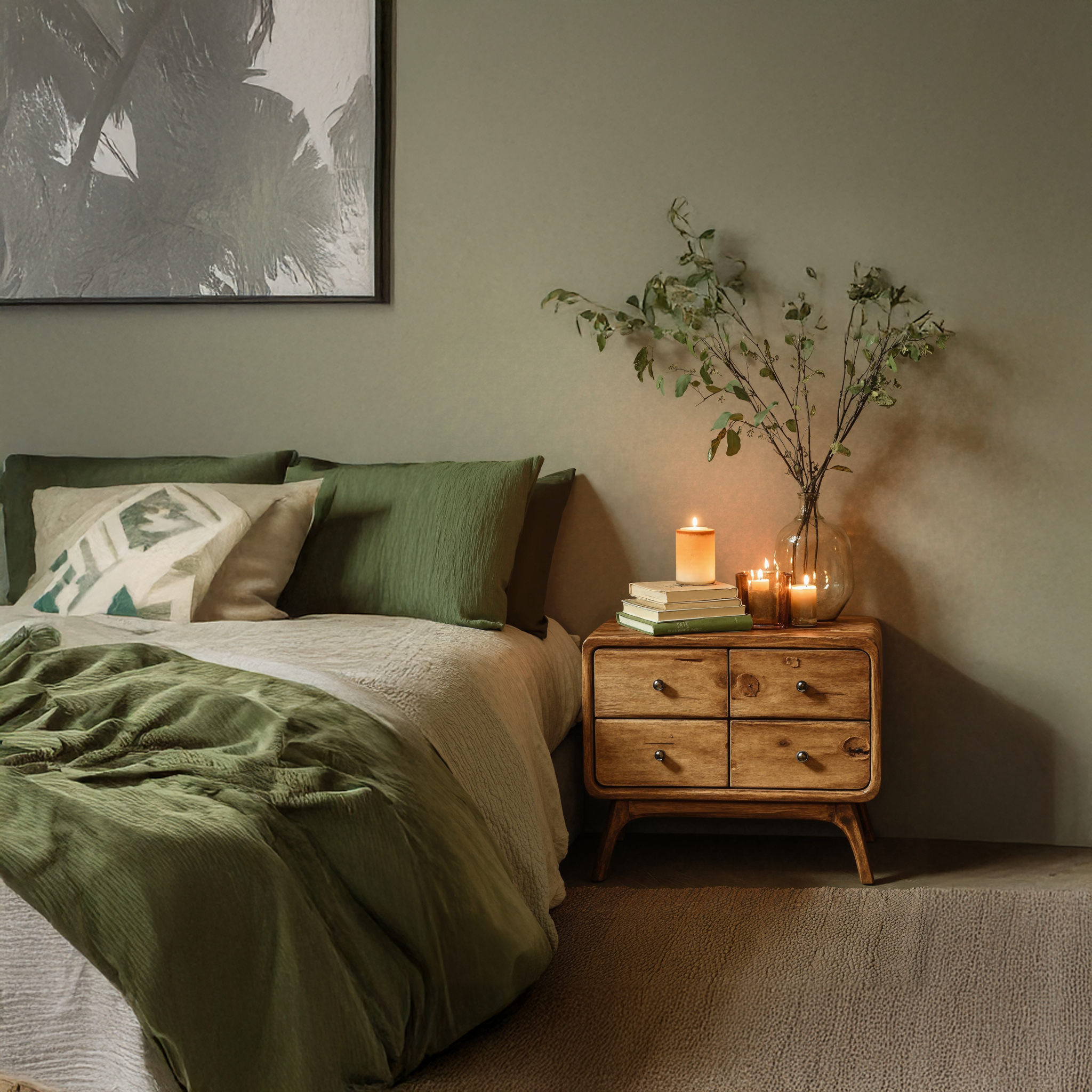 Rustic wooden bedside table standing tall with four drawers, showcasing a natural finish and tapered legs, styled between two beds-1