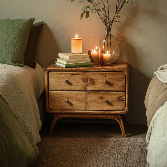 Rustic wooden bedside table standing tall with four drawers, showcasing a natural finish and tapered legs, styled between two beds